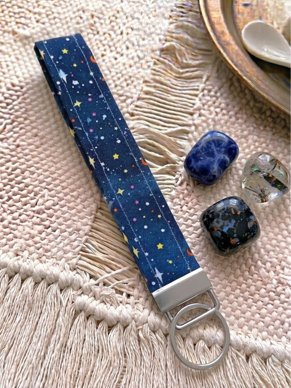 New Handmade Celestial Star Galaxy Night Sky Fabric Key Fob Wristlet Keychain